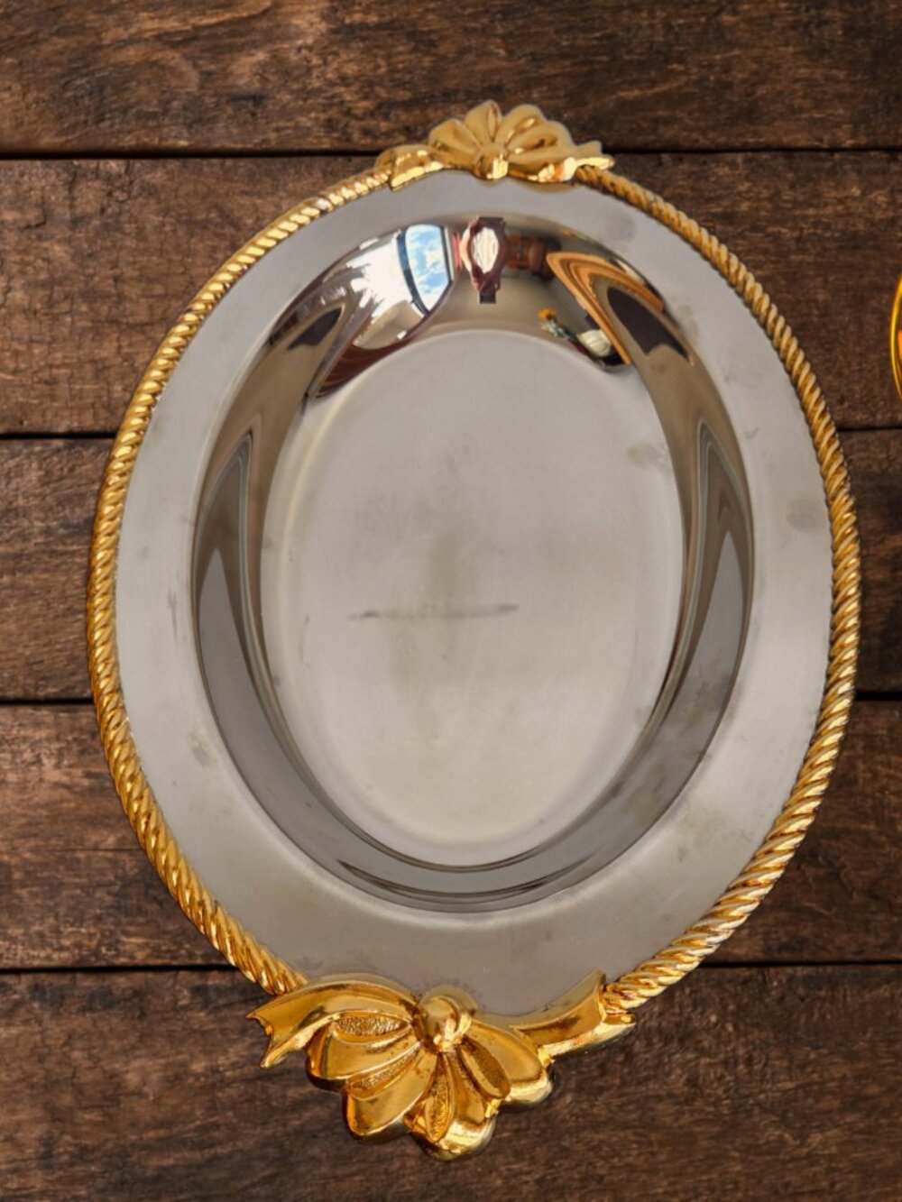 Vintage Oneida Stainless Steel Tray Gold Bow Ribbon Handles Twisted Rope Edge